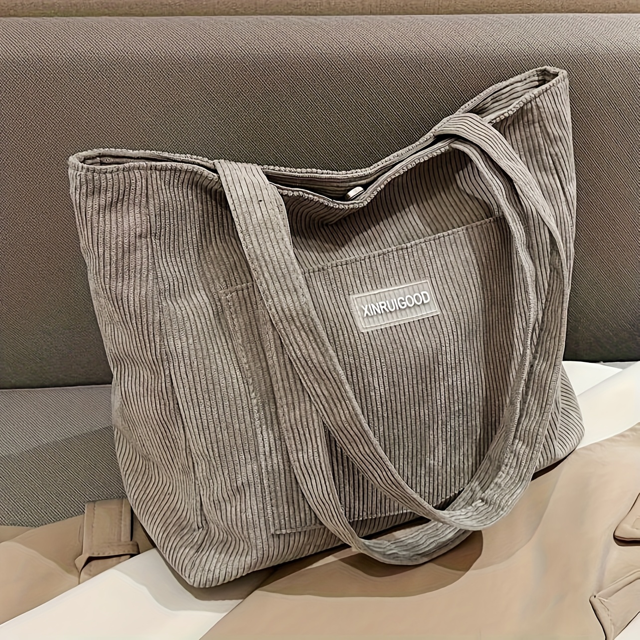 

1pc Casual Corduroy Tote Bag, Solid Color Shoulder Bag With Fixed Strap, Foldable, Snap Closure, Polyester Lined, Hand Wash Only - Daily