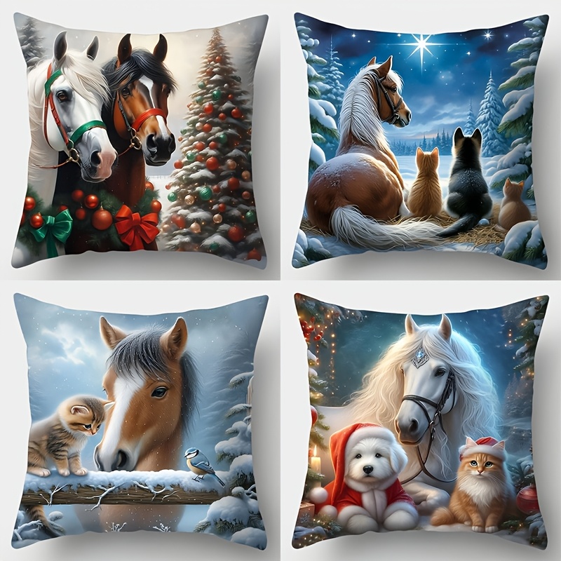 

4pcs Set, Christmas Pillowcase, Cute Horse Pillowcase, 17.7in*17.7in, Single-sided Printing, Christmas Decoration, Sofa Pillowcase, Pillowcase Without Pillow