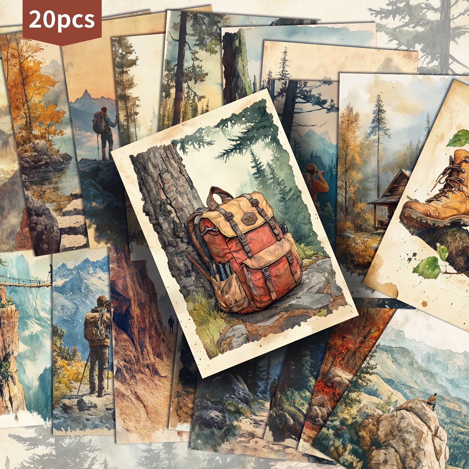 Image of 20 Pack Vintage Backpack Hiking Nature Landscape Paper Postcards - 4x6 Inches Vintage Junk Journal Paper, Classic Pinup Illustrations, Collectible Decorative Painting Cards For Scrapbooking & Crafting