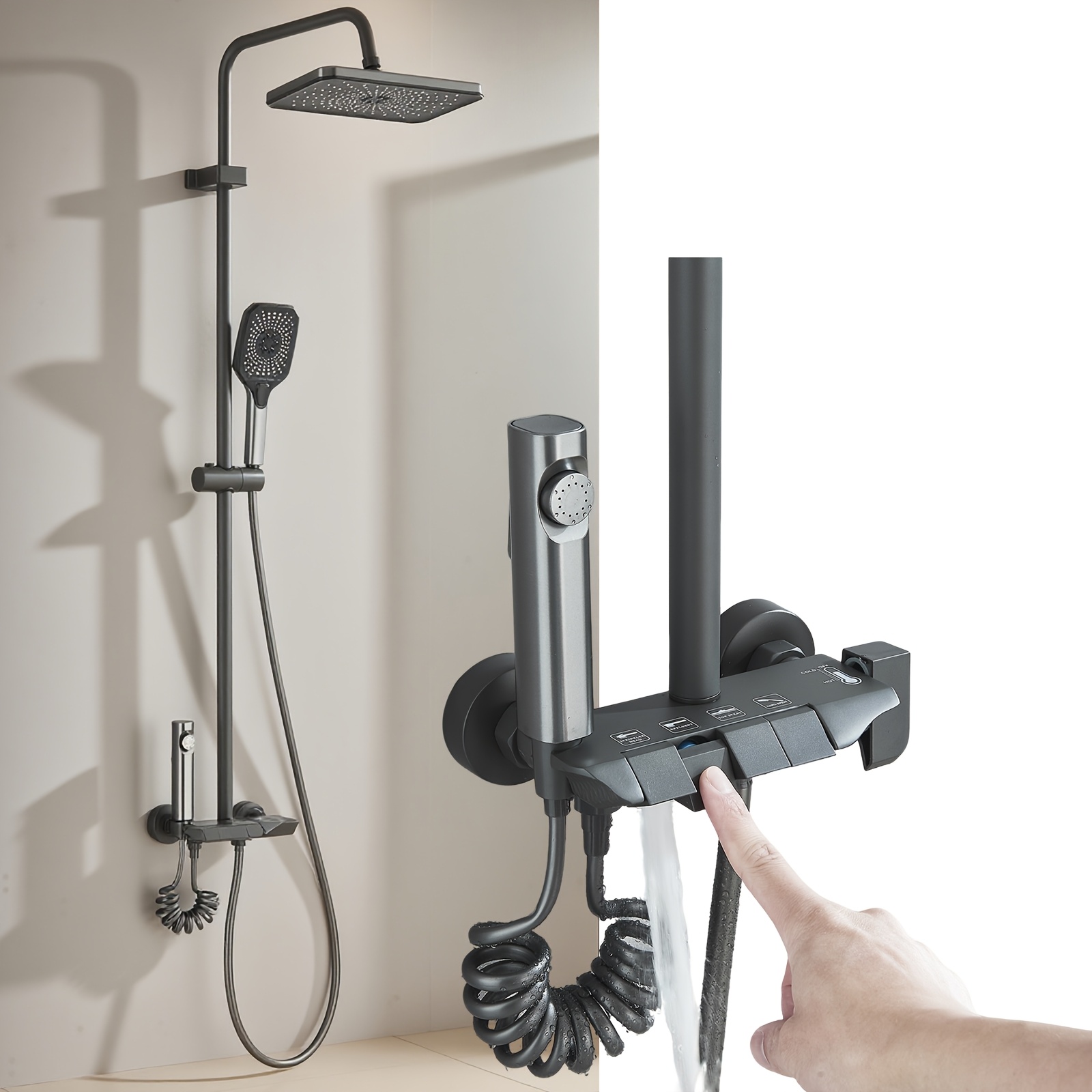 Image of Piano Key Shower System With Rain Shower Head And Handheld Shower, Bathroom Column Shower Set, Featuring Square Piano Key Brass Shower Head, Cold And Hot Mixed Rain Shower