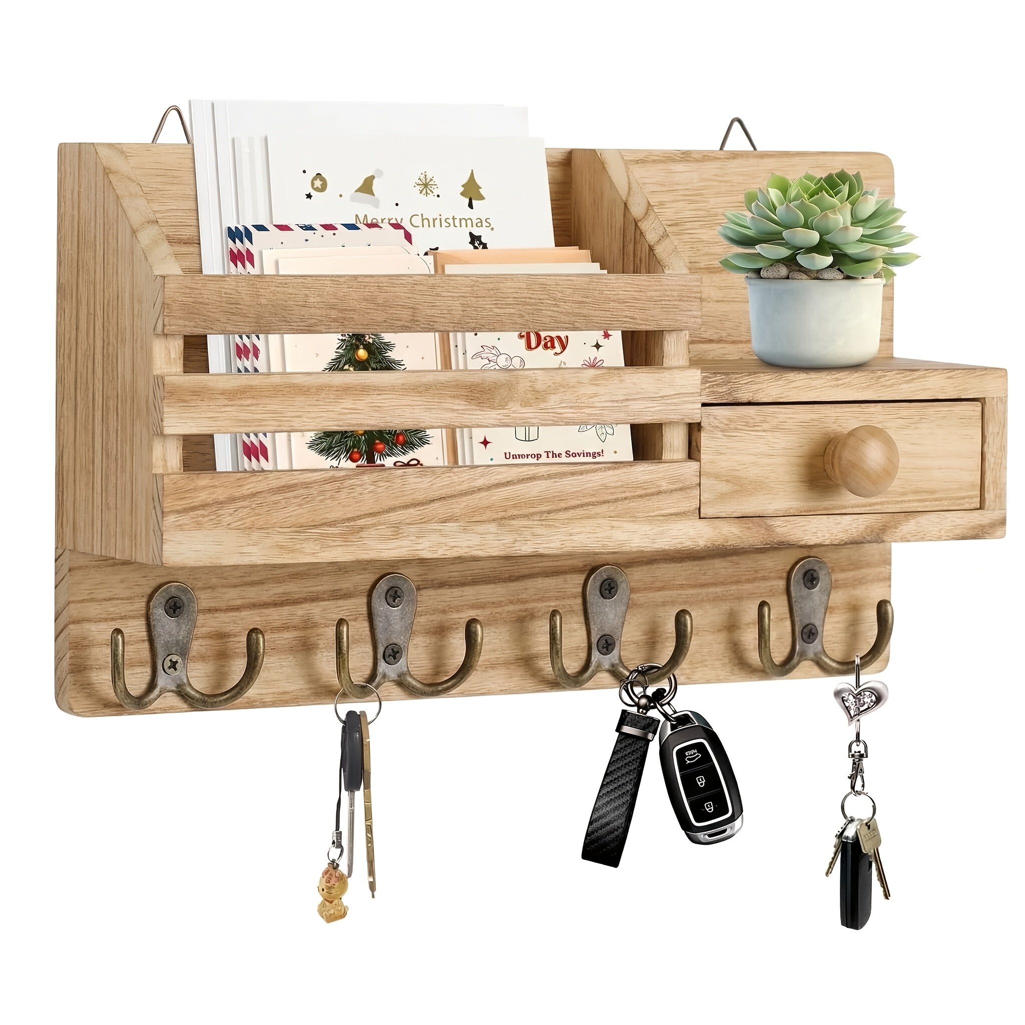 Image of Wood Wall-mounted Key Holder With Drawer Storage - Rustic Farmhouse Key Organizer Suitable For Entrance, Mailbox, Entryway, Hallway - Wood Key Rack For, Material, Space- Drawer Cabinet