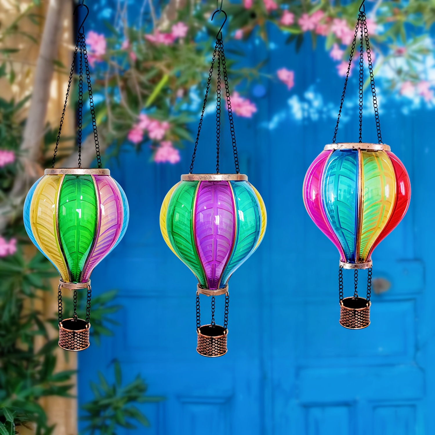 solar hot air balloon outdoor led chandelier patio garden porch yard decorative chandelier flashing flame   18 long details 1