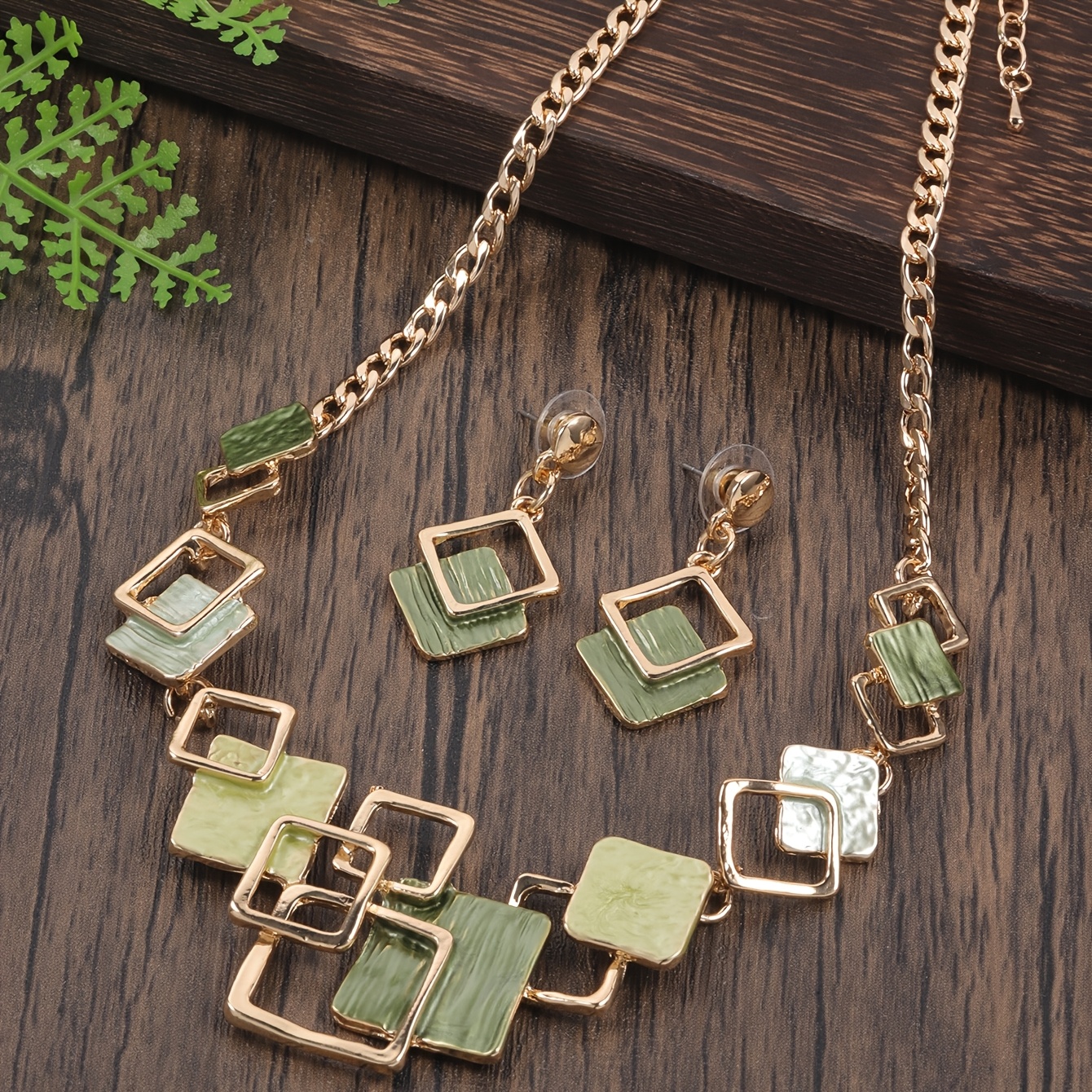 

Enamel Square Jewelry Set - Golden-tone Necklace And Earrings, Alloy, Ideal For & Parties, Gift For Women, Vintage Jewelry