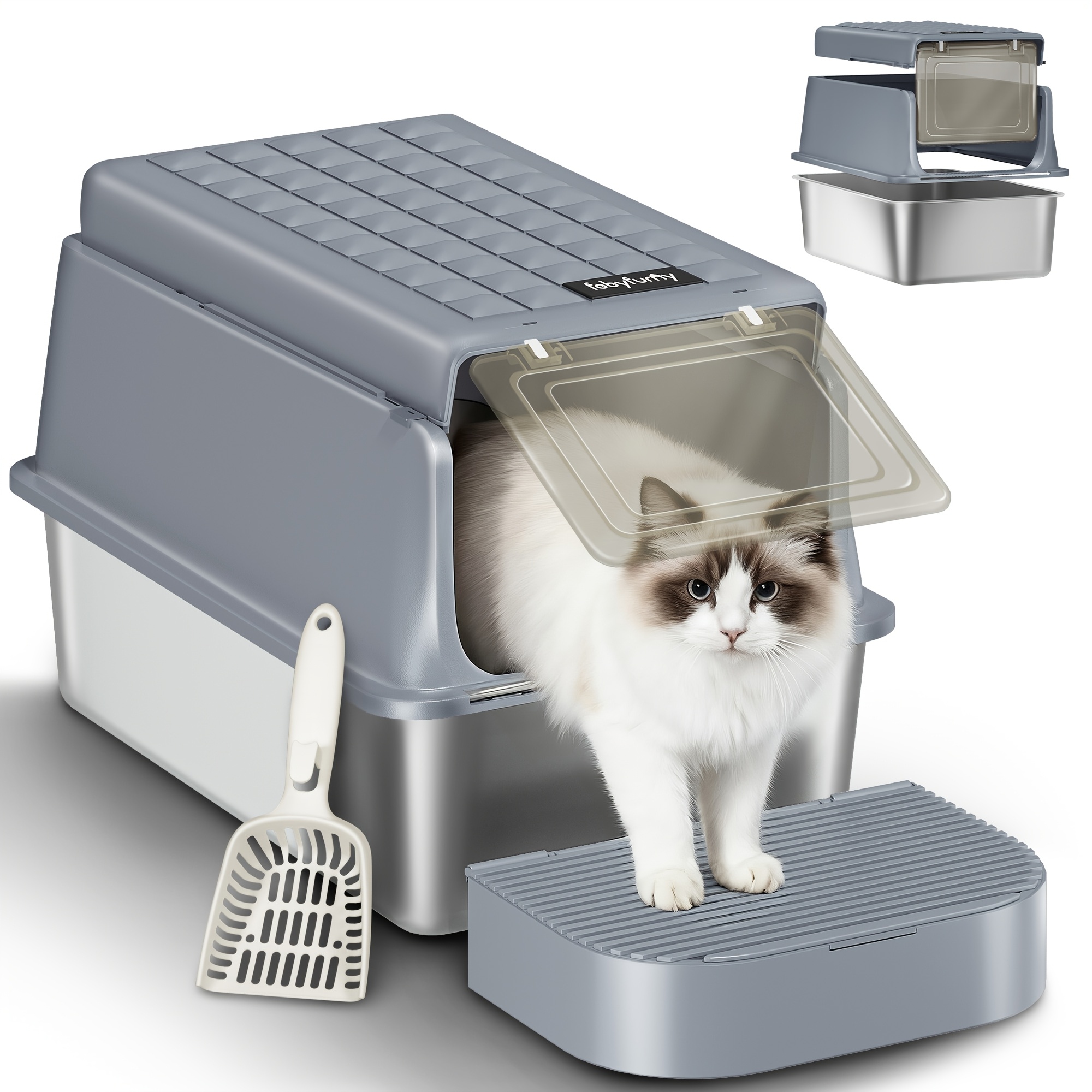 TEMU Stainless Steel Litter Box With Lid | Extra-large Enclosed Metal Cat Litter Box, Includes Scoop And Foot Pedal, Removable, 120° Hinged Lid For ,