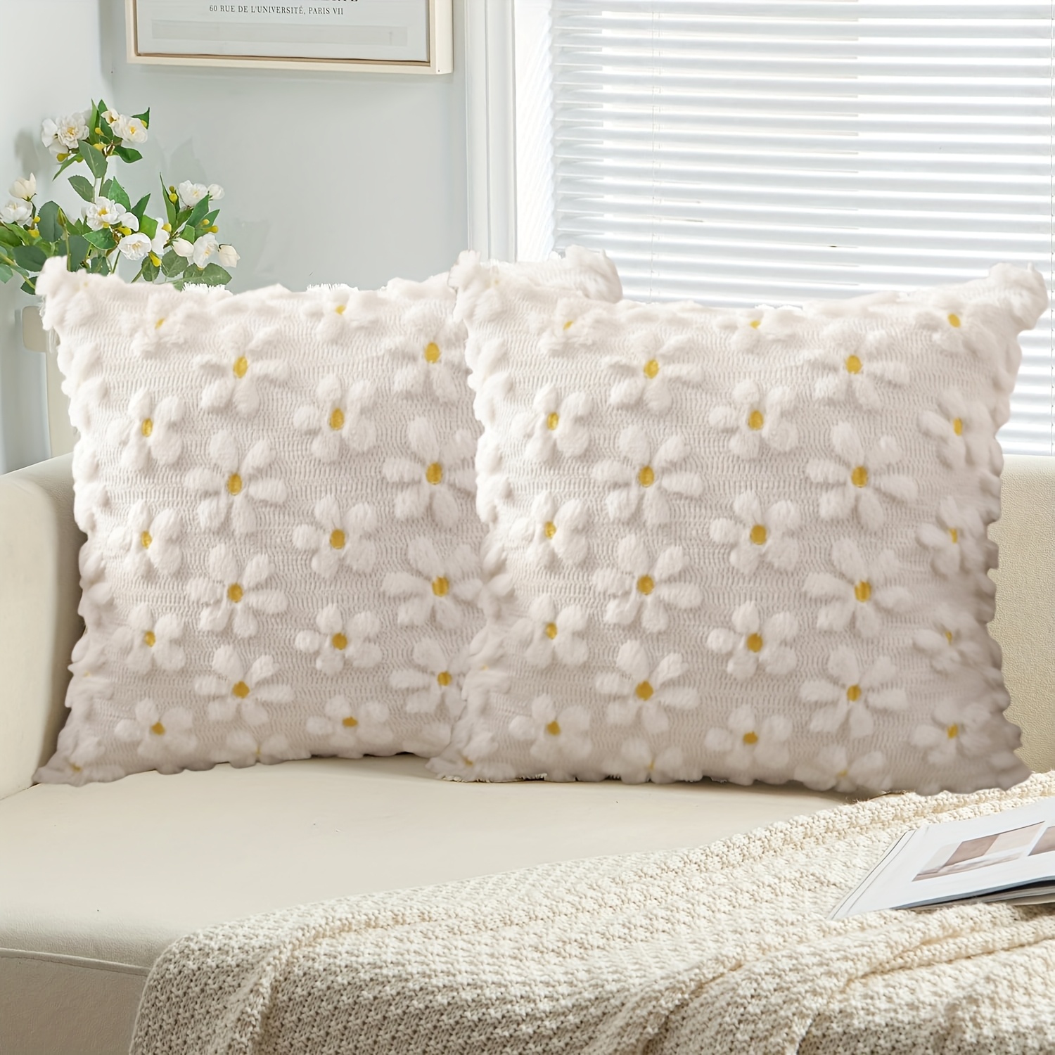 E-shop Set von 2 Frühling Sommer Kissenbezügen 18x18 Zoll Bauernhaus Dekor Gelb Blumen Herz Gänseblümchen Weiche Plüsch Kunstfell Jacquard