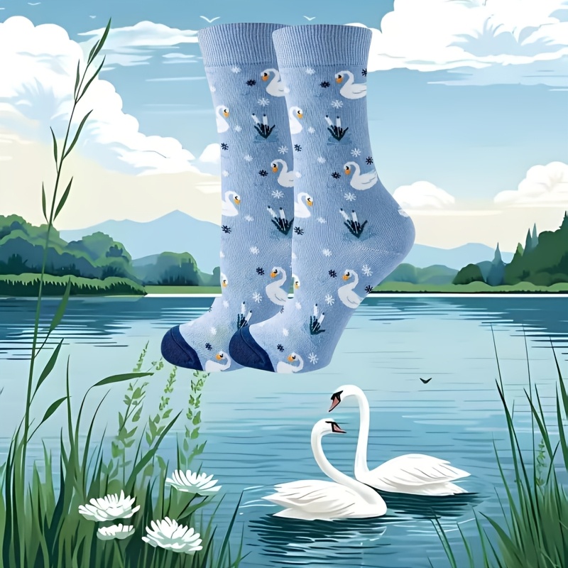 E-shop 1/3 Paar blaue Cartoon-Schwanenmuster-Damensocken für den Frühling, stylisch und niedlich, geeignet für den täglichen Arbeitsweg und Sport,