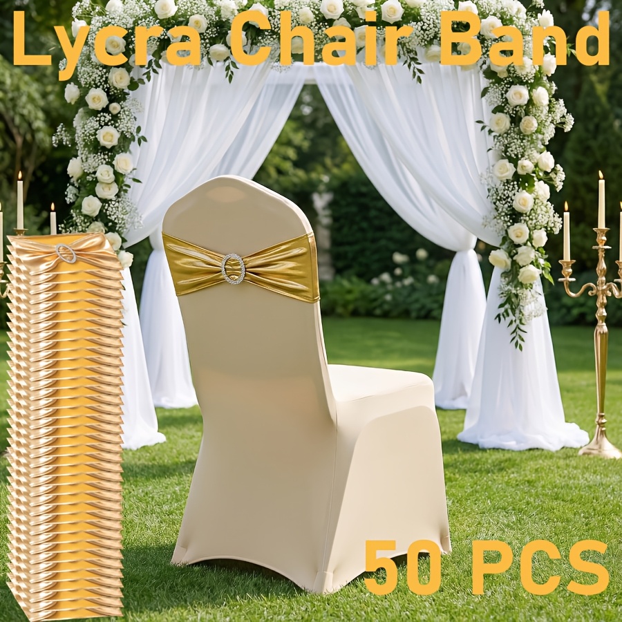 TEMU 50pcs Premium Metallic Ties, Hot Stamping Fabric, High Elastic Shiny Chair Decor, Great For Wedding, Birthday, , Beach Party, Event Planning,
