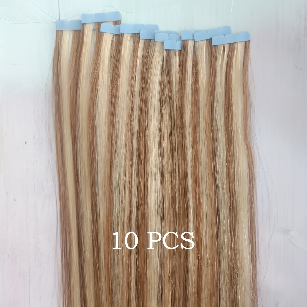 10pcs light brown straight   human hair extensions mini tape in easy to apply   womens hairpieces for thick extensions stylish and natural looking details 1