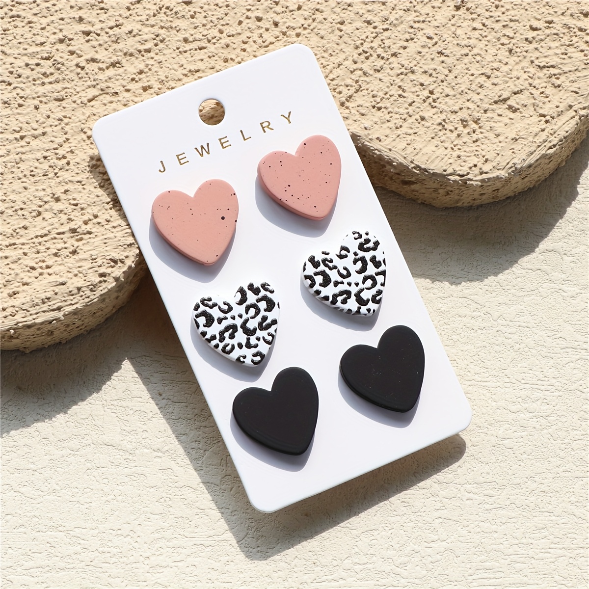 Image of 3 Pairs Of 1 Card Women's Leopard Print Clay Texture Cute And Sexy Trendy Love Acrylic Earrings