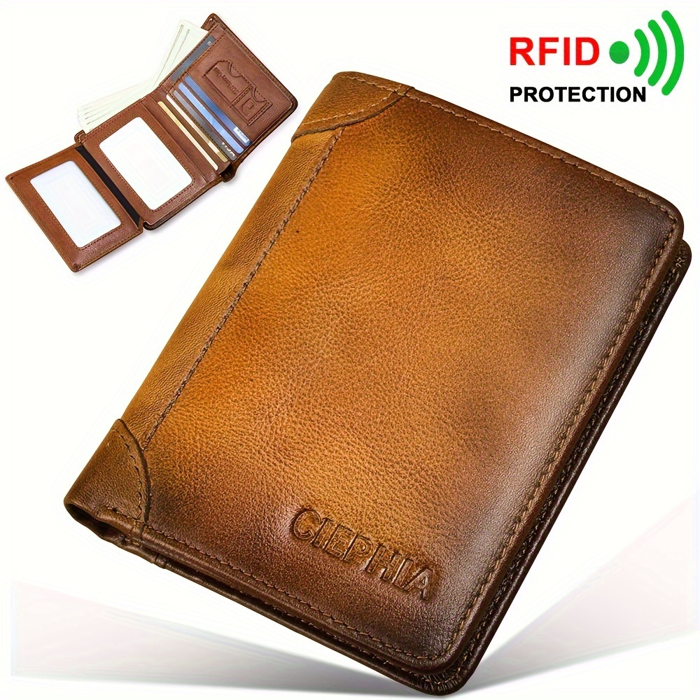 

1pc Men's Genuine Leather Zipper Wallet, Top Layer Cowhide Rfid Blocking Wallet, Vintage Multi-functional Wallet With 2 Id Card Windows, Ideal Gift For Men
