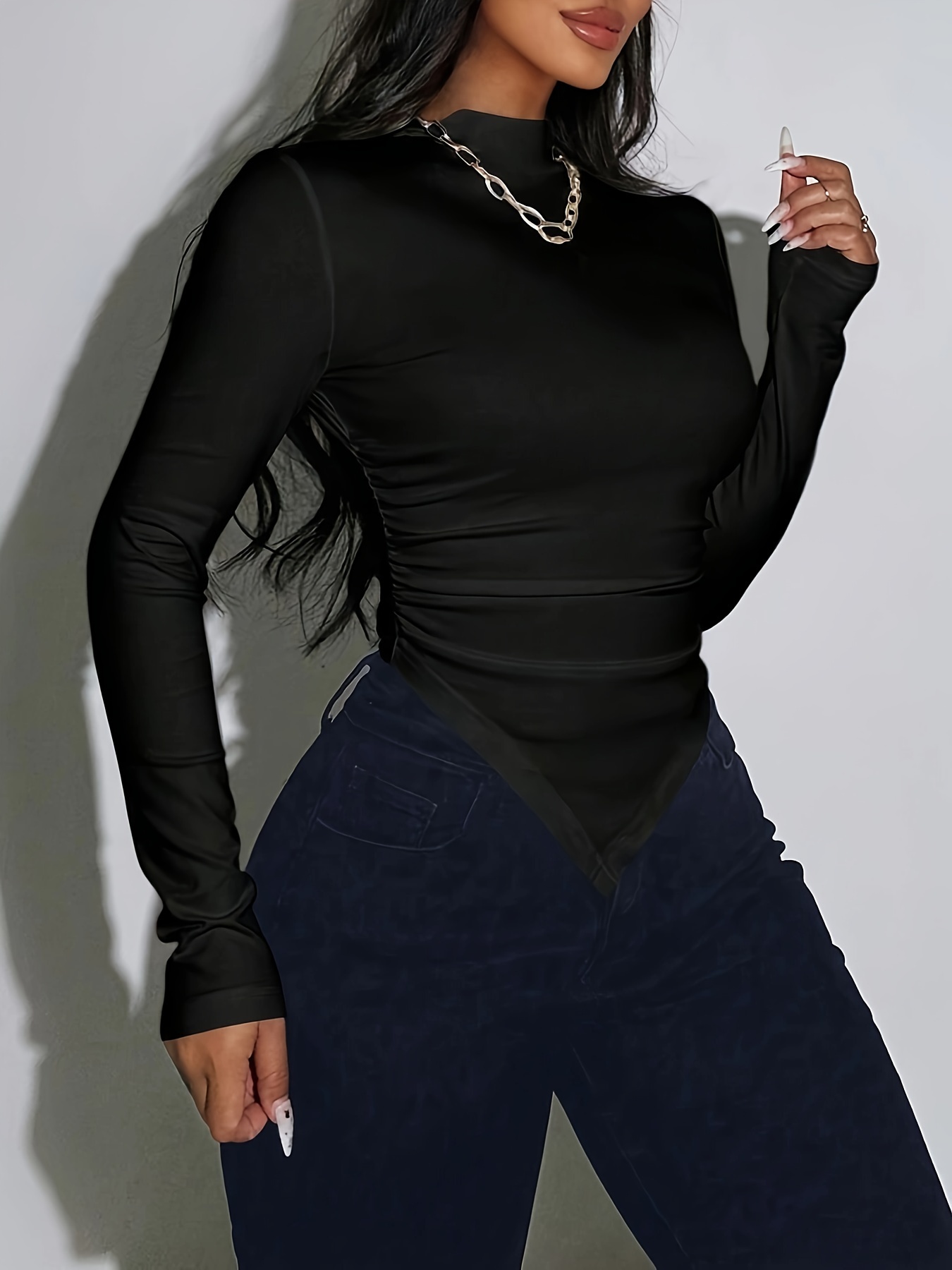 Side Ruched Asymmetrical Hem T-shirt, Sexy Mock Neck Slim-Fit Long Sleeve Top For Spring & Fall, Women's Clothing