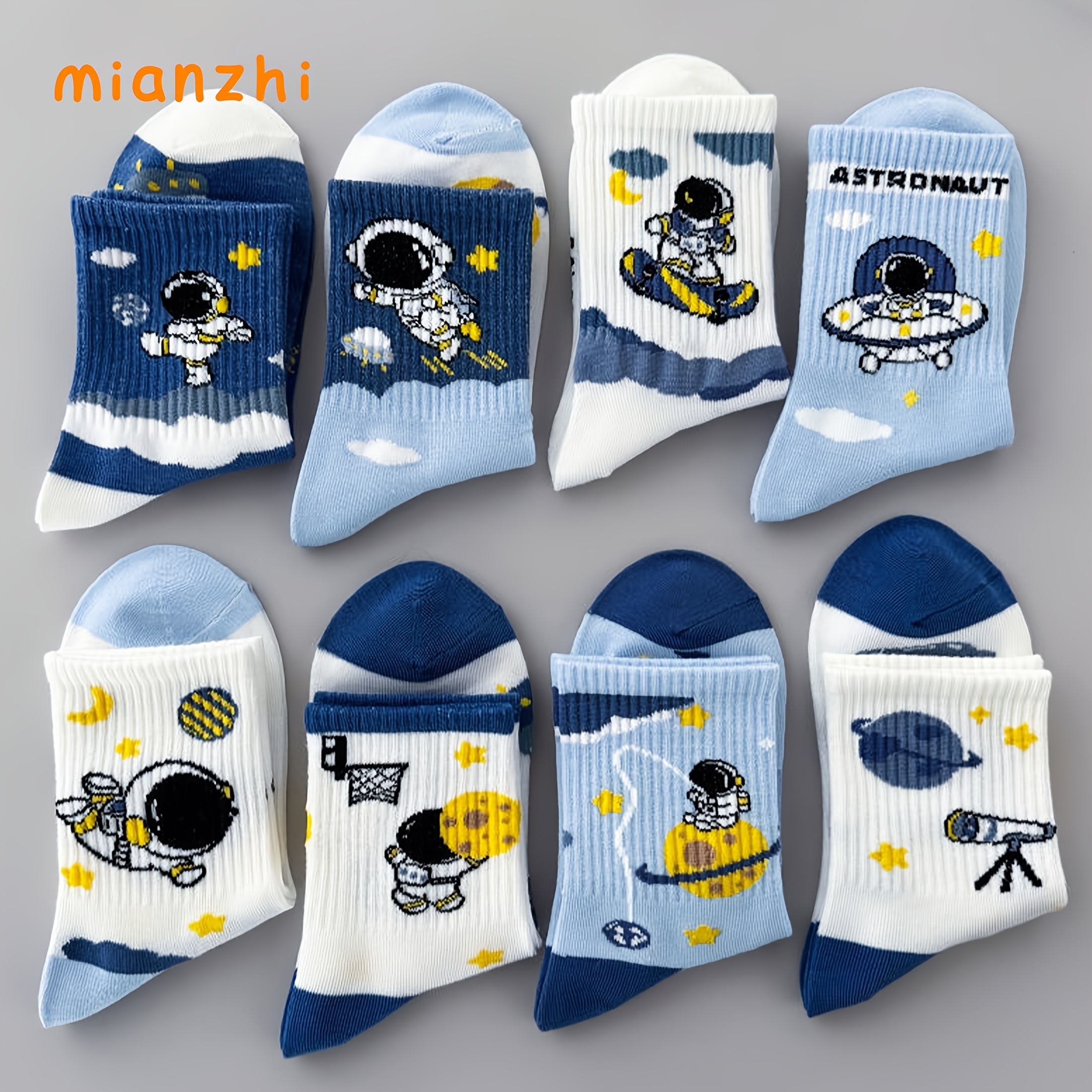 TEMU 4 Pairs Random Mianzhi Mixed Color Socks With Space Planet Astronaut Pattern, Unisex Teens Mid-calf Sports Versatile Socks For Casual Daily Life