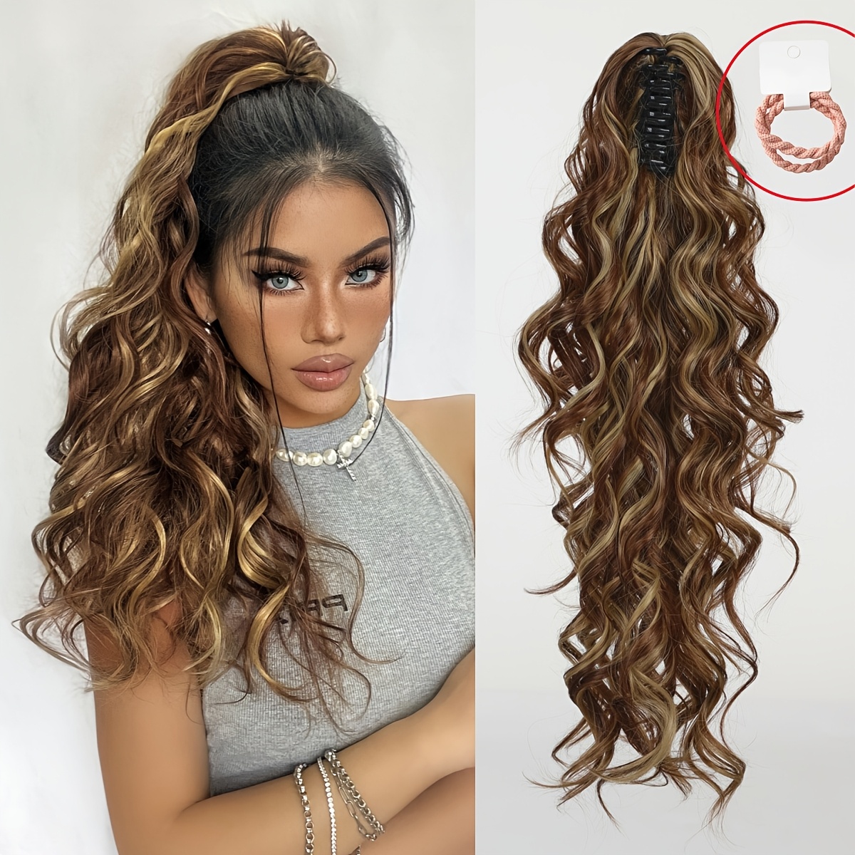 

Elegant 22-inch Curly Wave Clip-in Ponytail Extension For Women - High-quality Synthetic Hair, Blowable & Stylish