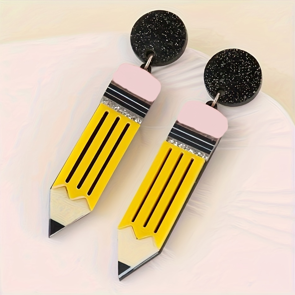 

Chic Vintage Yellow Pencil Dangle Earrings - Acrylic & Stainless Steel, Teacher Appreciation, Back To School, Graduation Gifts