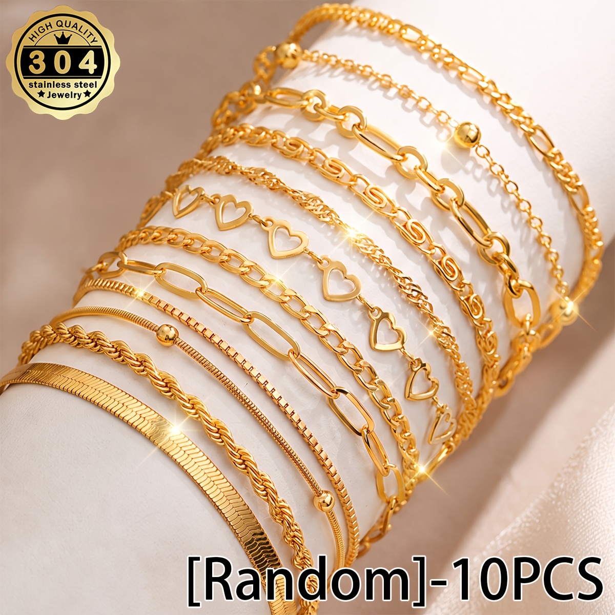 TEMU Lot de 10 bracelets pour femme, plaqués or , en acier inoxydable 304 de haute qualité, imperméables et résistants à la décoloration, parfaits