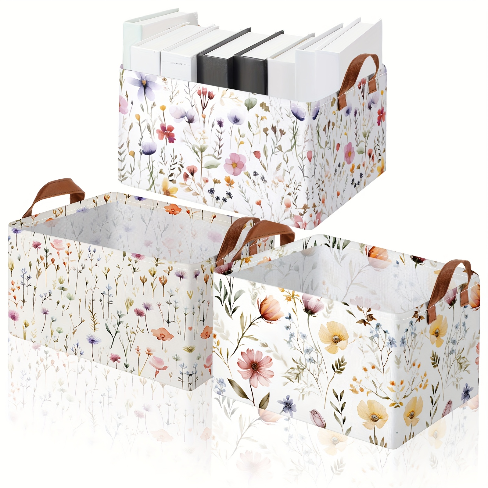 TEMU 3pcs Wildflowers Storage Bin Wildflowers Collapsible Large Storage Baskets For Gifts Canvas Laundry Basket Foldable Box With Handle For Office