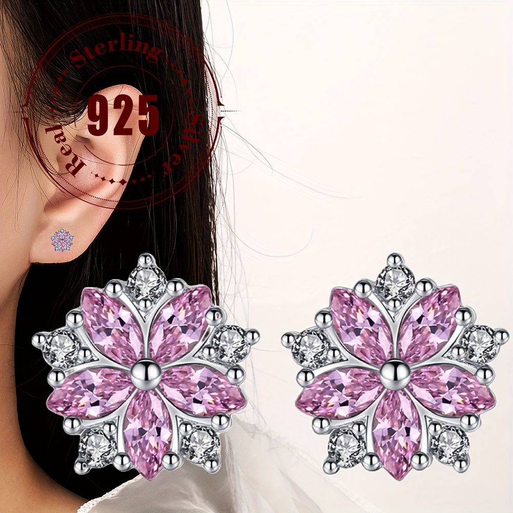 

Sakura Flower Stud Earrings 925 Sterling Silver, Pink & Clear Zirconia Luxury Japanese & Korean Style, Daily & Gift Occasion, Non-plated Ear Studs (2pc)