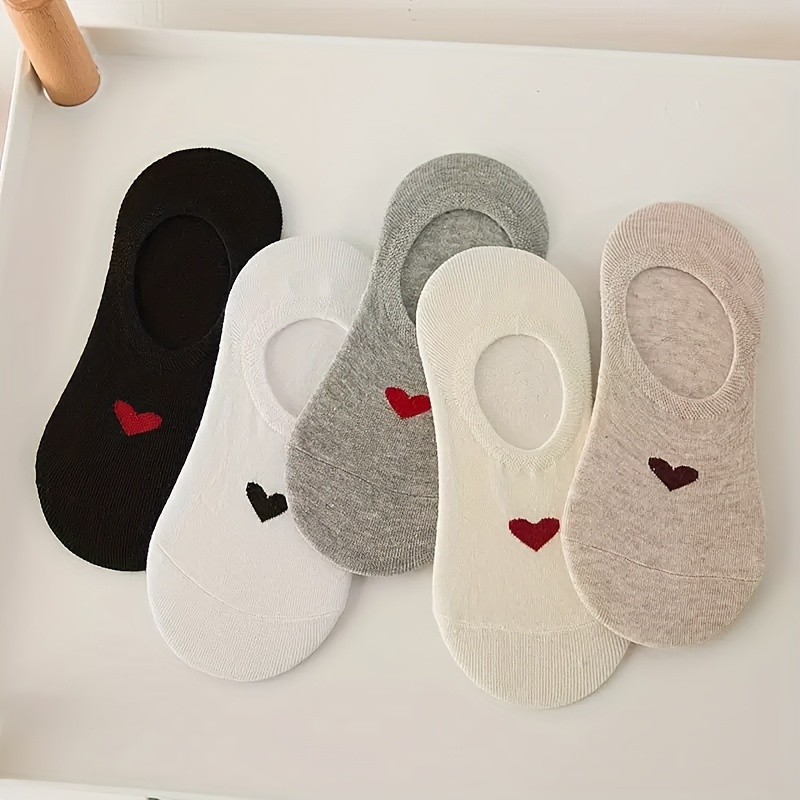 E-shop 5 Paar Damen-Sommer- und Frühlingssocken, kurz geschnitten, mit Herzmotiven, unsichtbare Socken, die nicht rutschen, süß und bequem, für den