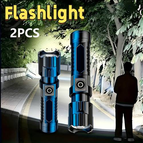 2 pack highlight zoom portable handheld flashlight type c charging 3 light suitable for camping hiking construction site lighting gifting