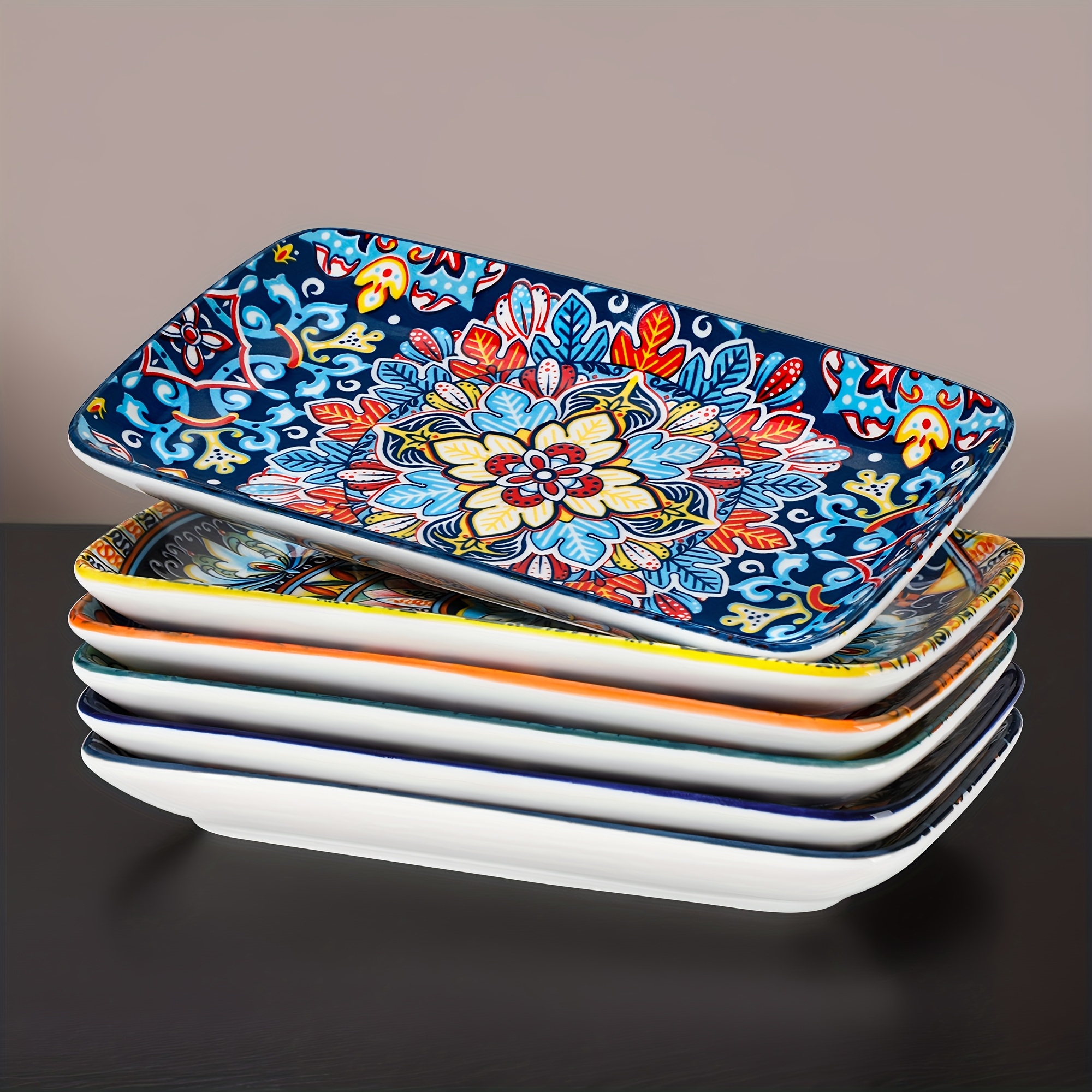 TEMU 6pcs 8.5 Inch Bohemian Rectangular Ceramic Sushi Plates Set For Dessert Plates, Appetizer, Cake