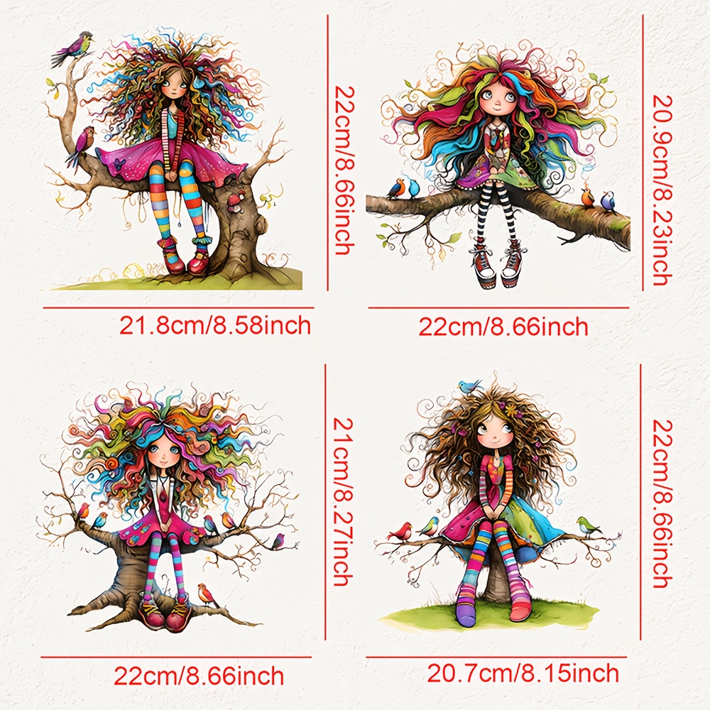 E-shop 4 Stück Aquarell-Feen-Bügelbilder - Lebendige Vinyl DIY Aufbügler mit filigranen Feen, Blumen & Vögeln für T-Shirts, , Kissen – Einfache
