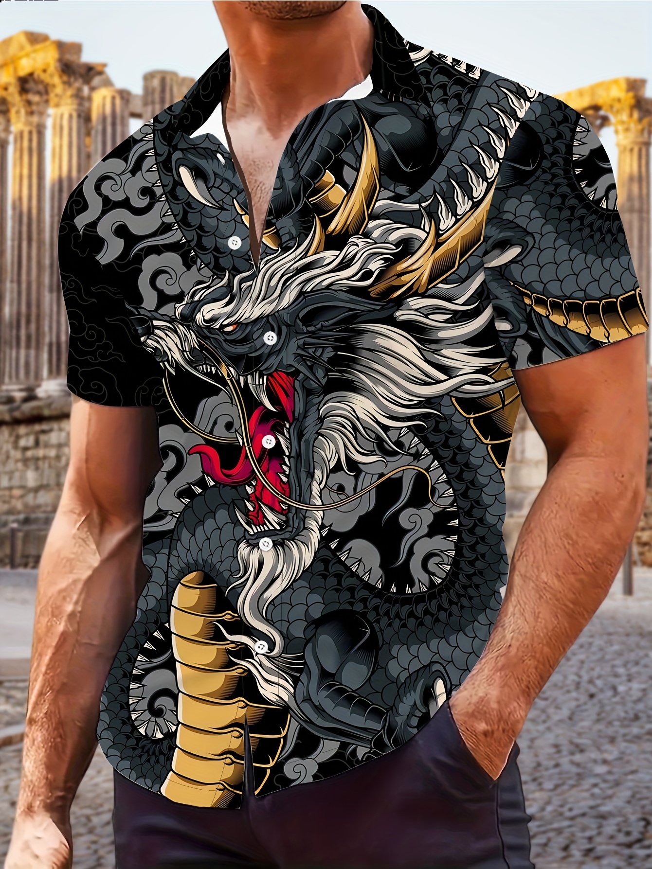 *'S Novelty Dragon Print Lapel Collar Shirt 100% Polyester Stretch,  Regular Fit, Woven Fabric, 115 g/m² Geometric Pattern S