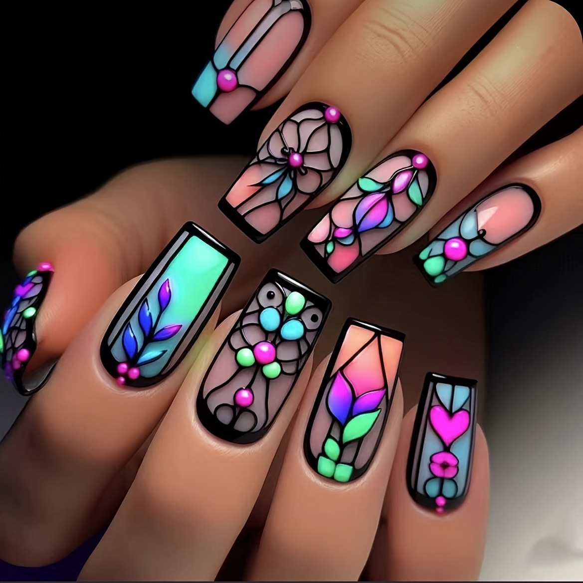 TEMU Women's Nail Art With Mixed Colors, Square And Long Style, Featuring Neon Light , Plant Leaf Stripes, Love Patterns And Black Edges