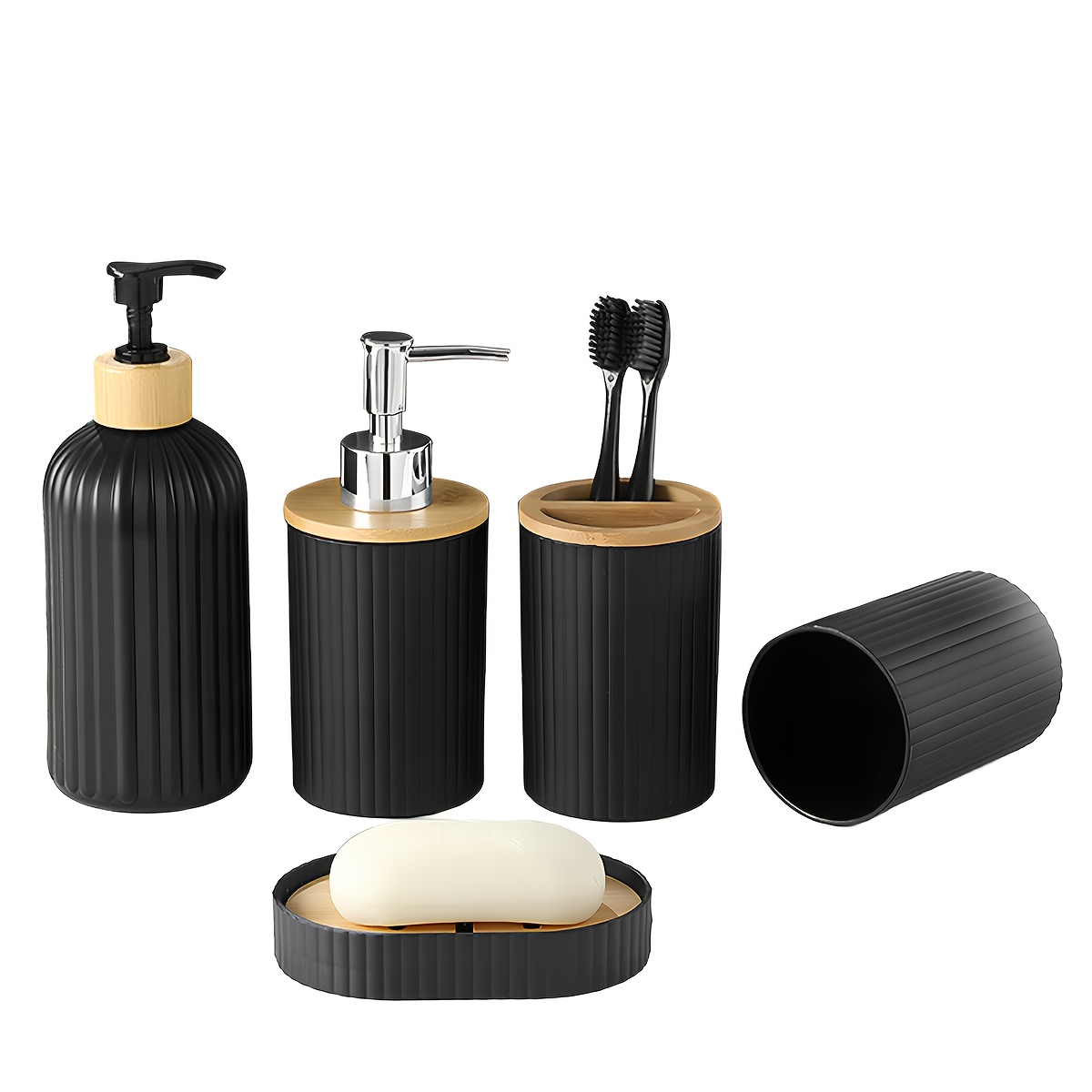 Image of Black Bathroom Additions Sets, Hand Soap Dispenser, Toothbrush Cup, Wash Cup And Soap Dish Set For Farmhouse Decor