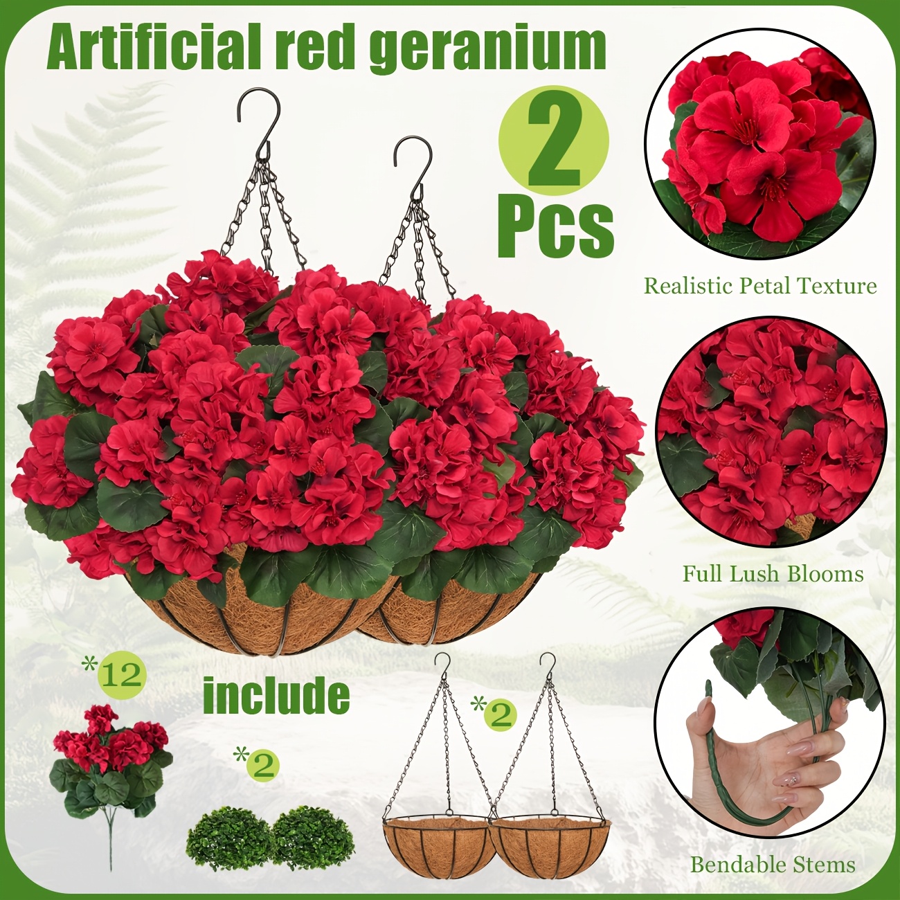 2 Sets Artificial Red Geraniums Flowers for with Hanging Baskets, 2 Hanging Planters with 12pcs Red Geranium Flowers for Christmas Front Yard Garden Patio Home Decor (2, Red)