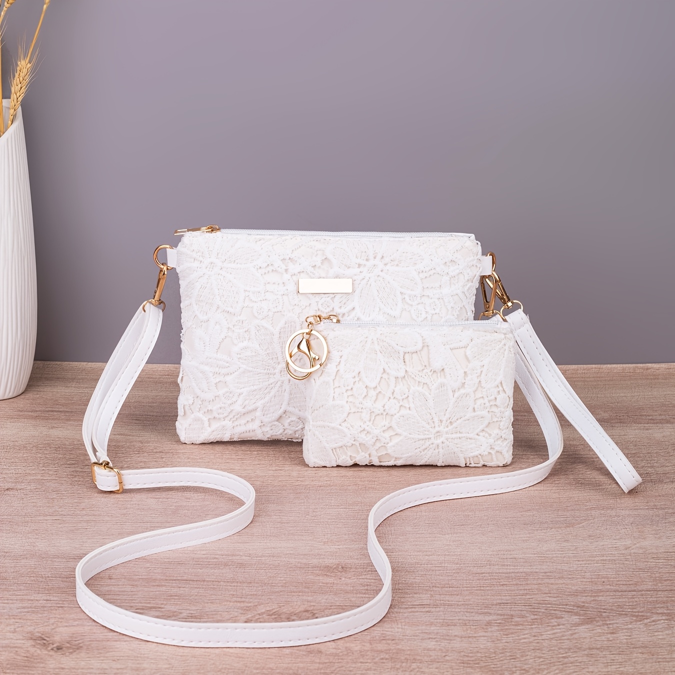 TEMU Fashion Lace Embroidered Shoulder Bag Strap Elegant Small Coin Purse 2pcs Set