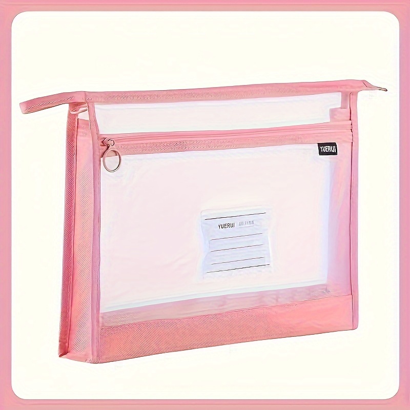 TEMU Large A4 Transparent Mesh File Organizer With Double Zipper - Spacious & Portable Document Storage Bag For School And Office