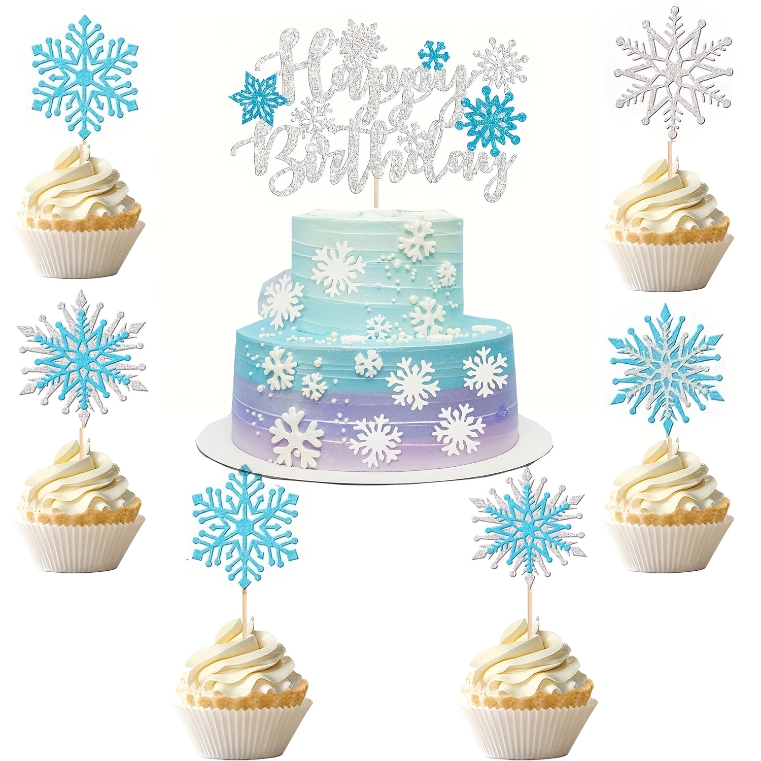 Image of 13pcs Snowflake Cake Toppers Double Layer Silvery Blue Snowflake Cupcake Toppers Winter Cake Decorations For Birthday Baby Shower Anniversary Wedding Halloween Christmas Party Supplies