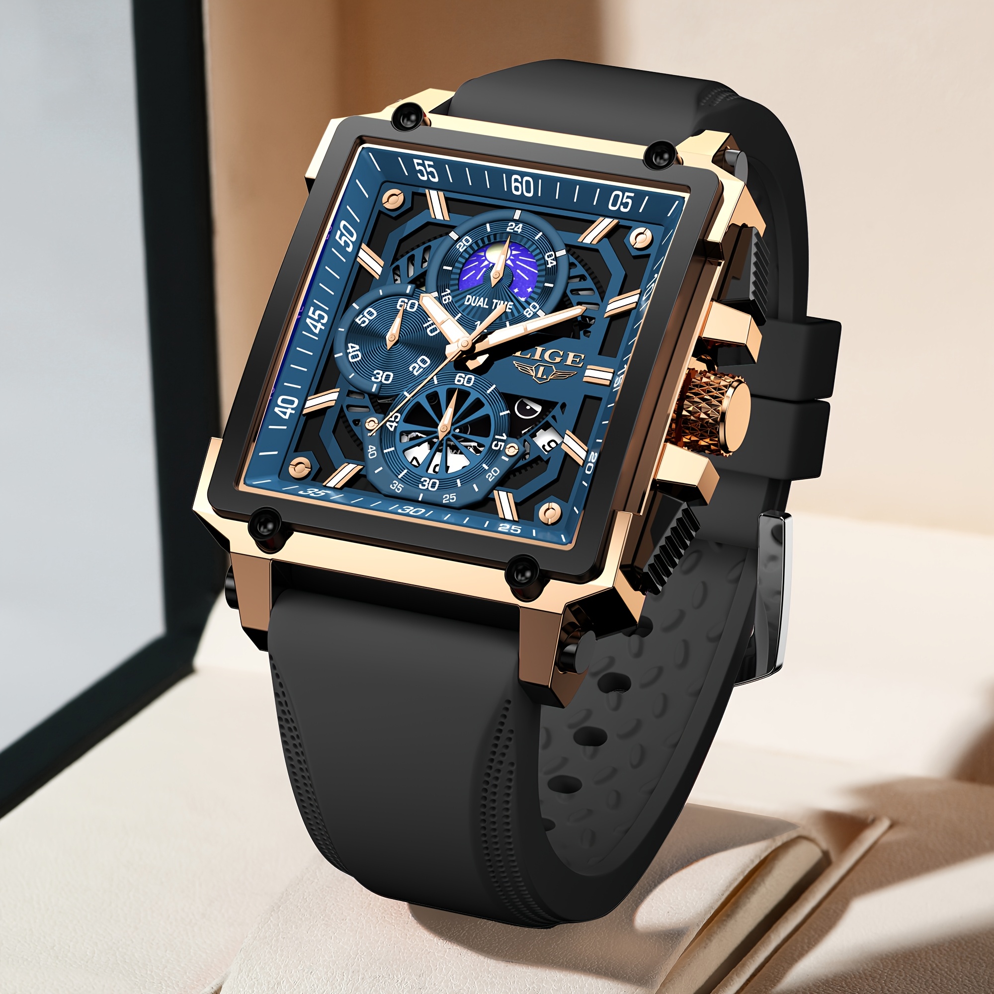 Image of Lige Square Dial Men's Quartz Watch Men's Sports Luminous Watch, Three-eye Chronograph Dial, Date Window, Casual And Versatile, Holiday Gifts. For Men 3pcs (watch, Wristband, Boxe)