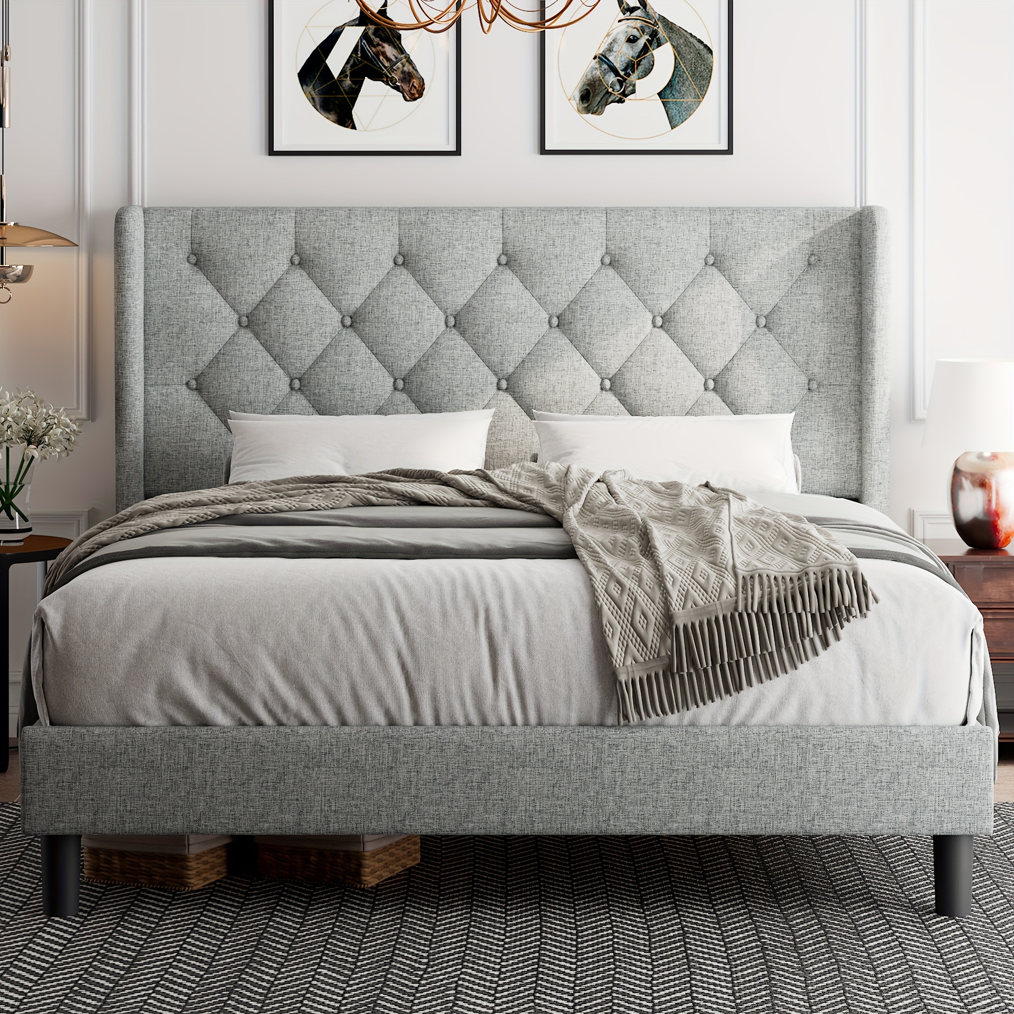

Bed Frame With Upholstered Wingback Headboard, Wooden And Metal Platform Bed, High-density Sponge, Noise-free, No Box Spring Needed, Easy Assembly