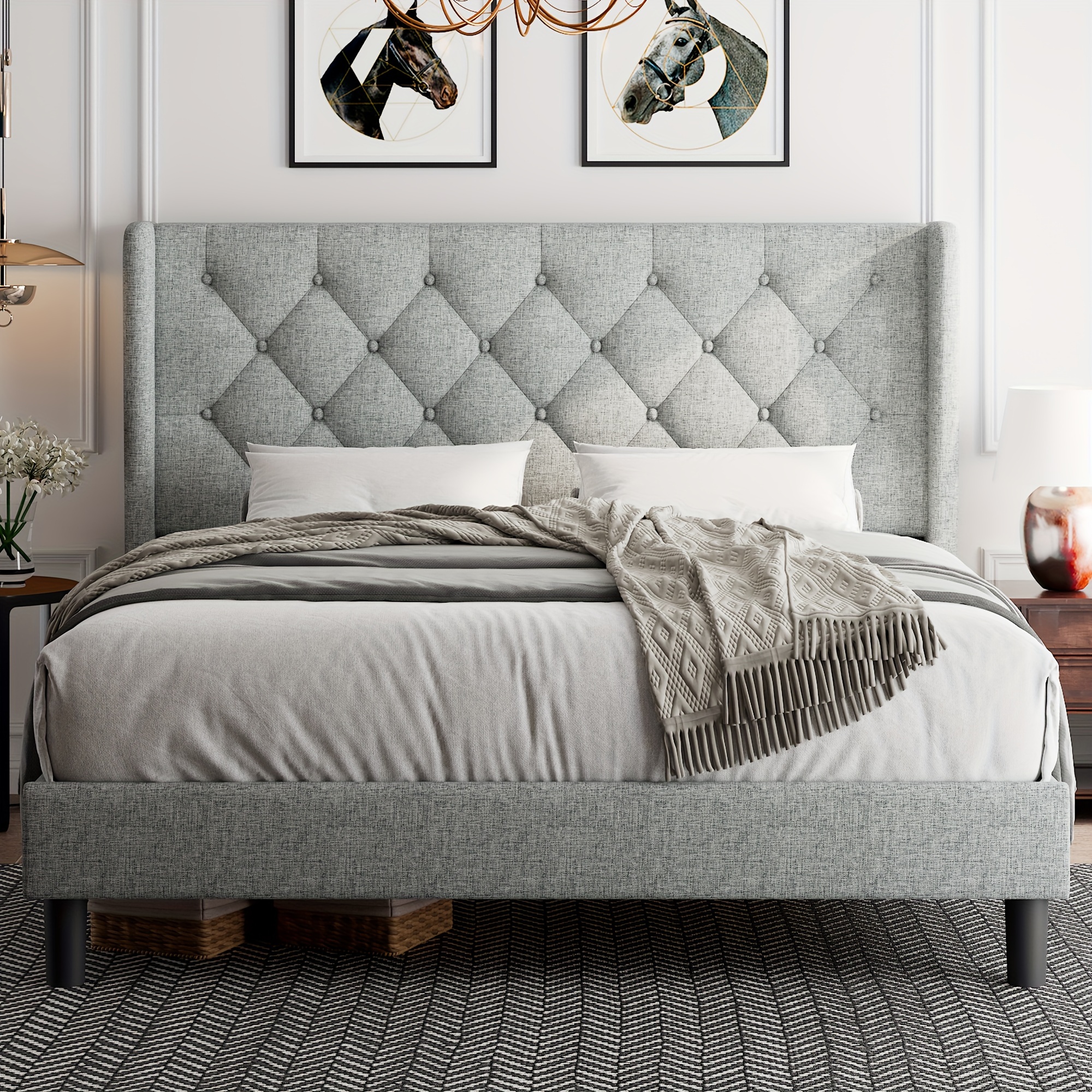 

Modern Upholstered Wingback Headboard Bed Frame - Wood & Metal Platform With Tufted Design, High-density Sponge For , Noise-free, Easy , Dark Gray/light , Sleek , Ipormis