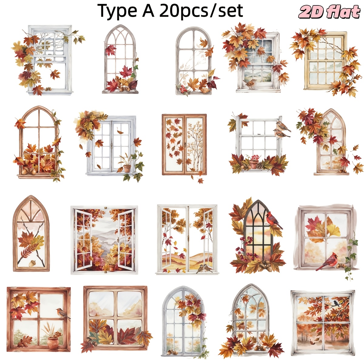 TEMU 20pcs/Set Décoration Autocollante 2D Plate Rétro Automne Feuille d'Érable Scène de Fenêtre Fenêtre Double Ouverture Série Fenêtre en Bois