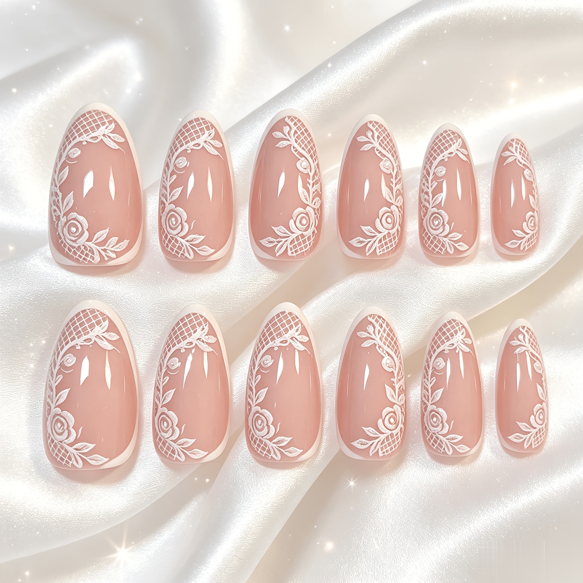 TEMU Verwandle deine Nägel mit diesem Set, 24 Stück/Set Nude Basisfarbe Weiß Spitze Rose Relief Effekt Mittlere Länge Mandelform Aufdrück-Nägel, mit