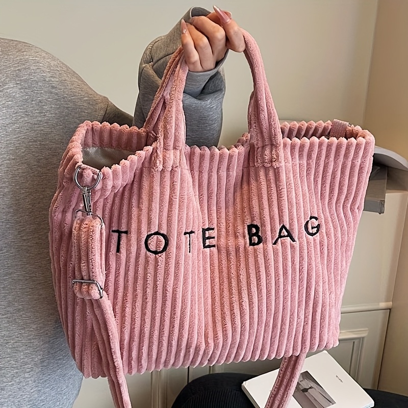 New Corduroy Plush Fluffy Women's Tote Bag, Suitable For Short Trips And Gift-, Features An Adjustable Shoulder Strap For Crossbody Use, In White, Black, Green, And Pink