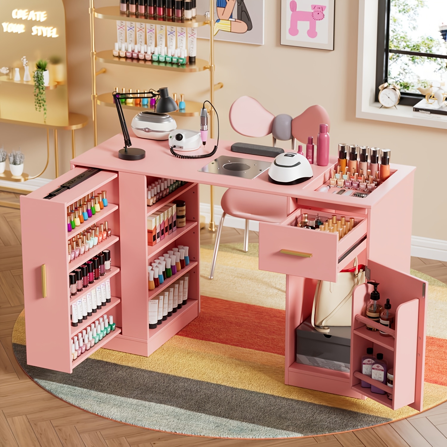 Nail Salon Workstation, Office Desk, 108 X 45 X 77 Cm, Modern And Stylish Nail Table, Pink, With 2 Vacuum Bags, Storage Cabinet, Open Shelves And Drawers, Suitable For Beauty Salons, Homes And Nail