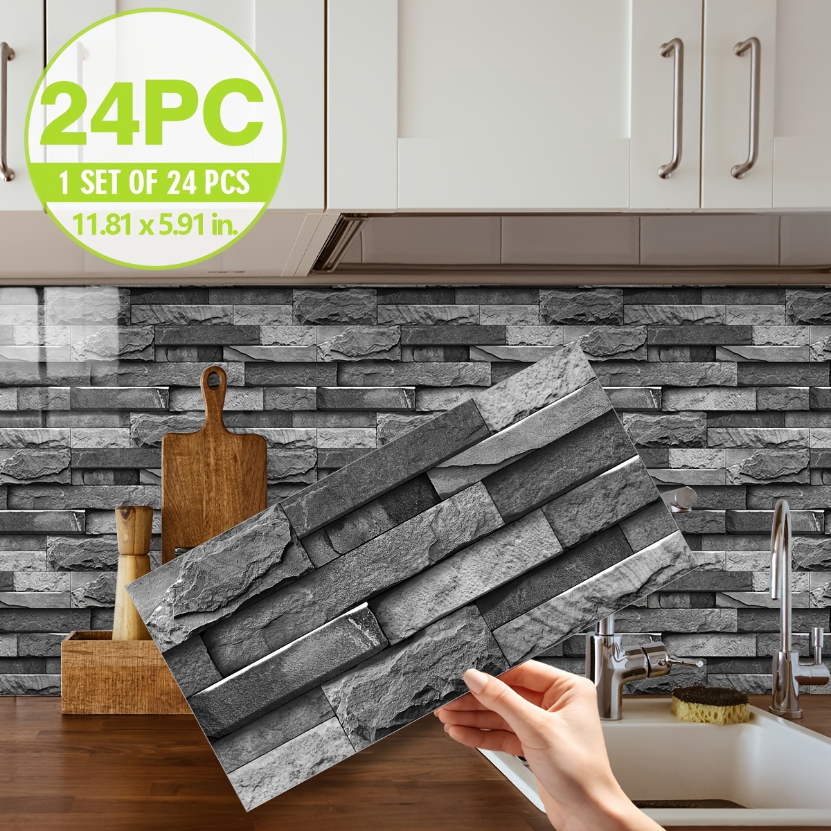 

24pcs Set Marble Pattern Kitchen Tiles - 11.81x5.91" Self-adhesive, Oil-proof Vinyl Wall Decals For Backsplash & Bathroom Decor