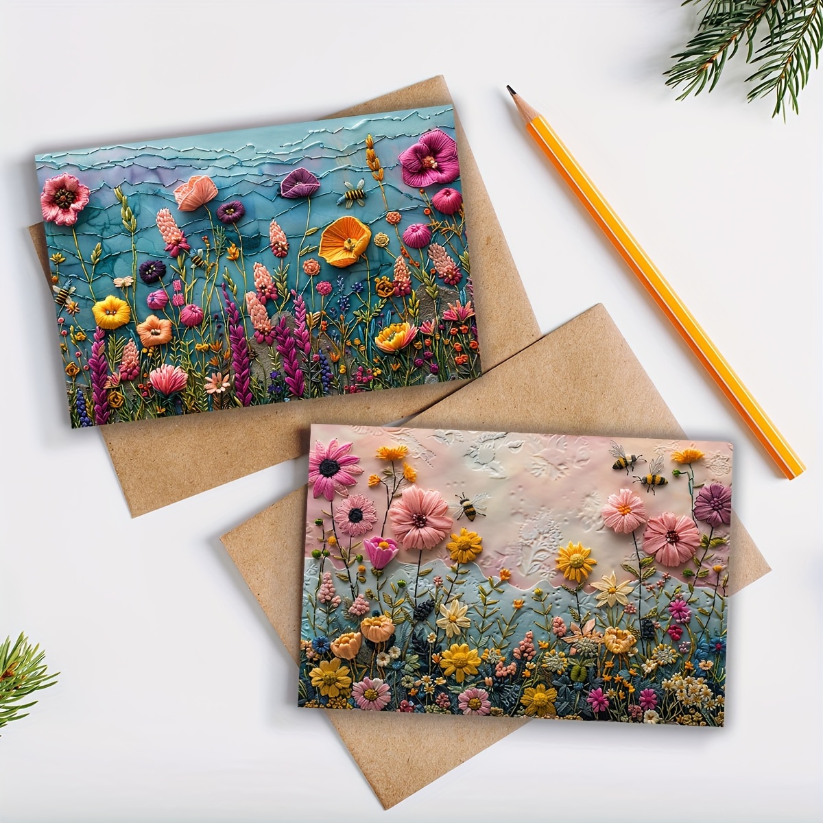 

6pcs Floral Needlework Art Greeting Card Set With Envelopes - Vibrant Handcrafted Flower Illustrations, 3.54x5.11in Folded, Any Occasion Wishes