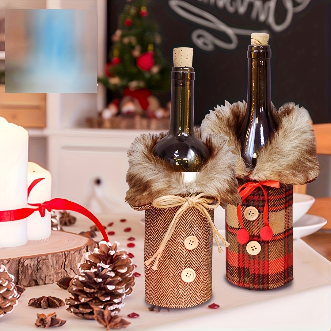 A Set of 2 Festive Wine Covers with Plush Collars, Perfect for Table Decoration, Holiday Party Attire for Wine s, Red Wine Covers, And a Gift Set for Wine That Enhances Dining Table Decor, Complete with Bow Decorations - Ideal fo