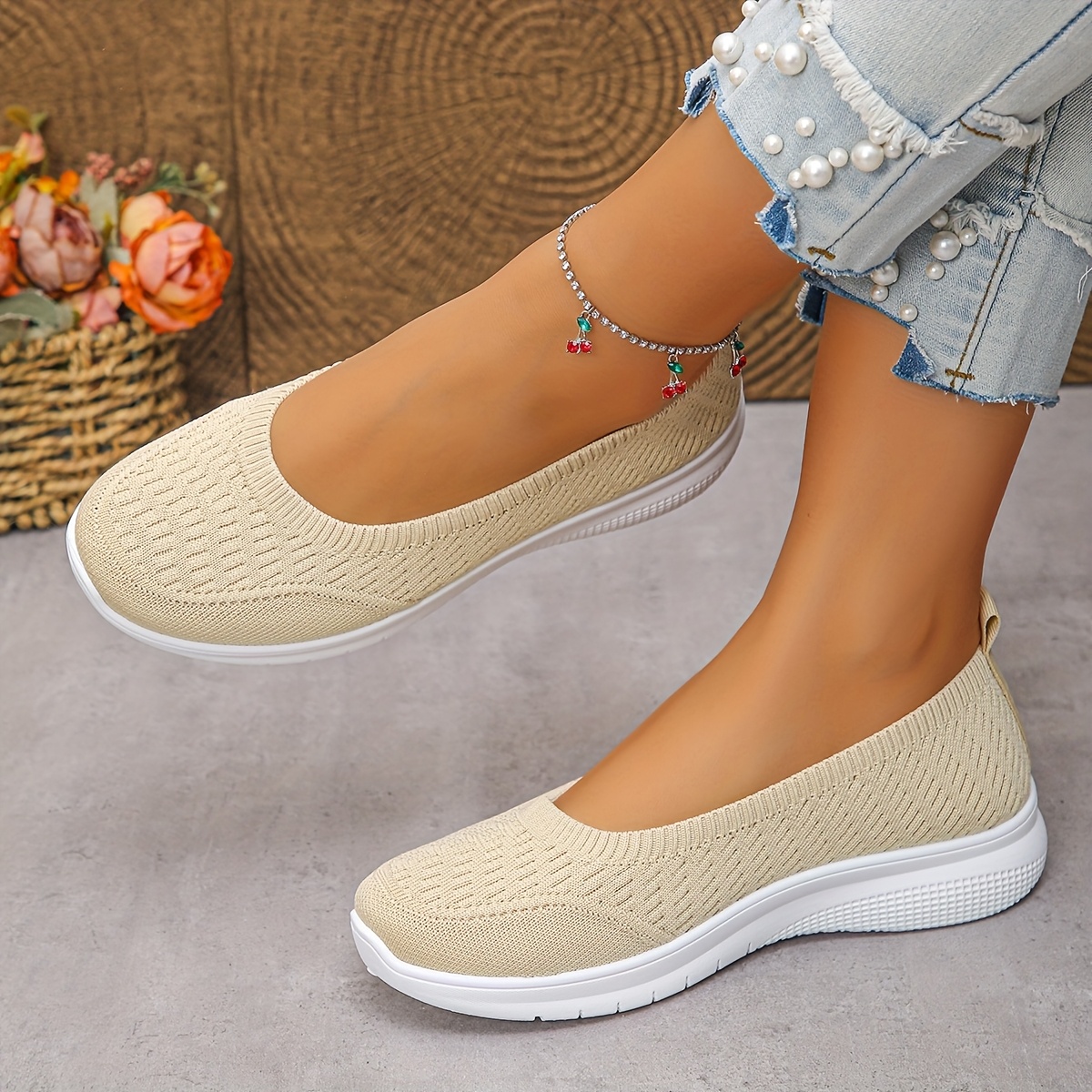 ladies breathable mesh knitted casual sports shoes slip   for women   in white black and red suitable for indoor and outdoor wear   comfortable white walking shoes are perfect for activities like traveling shopping Product details 3