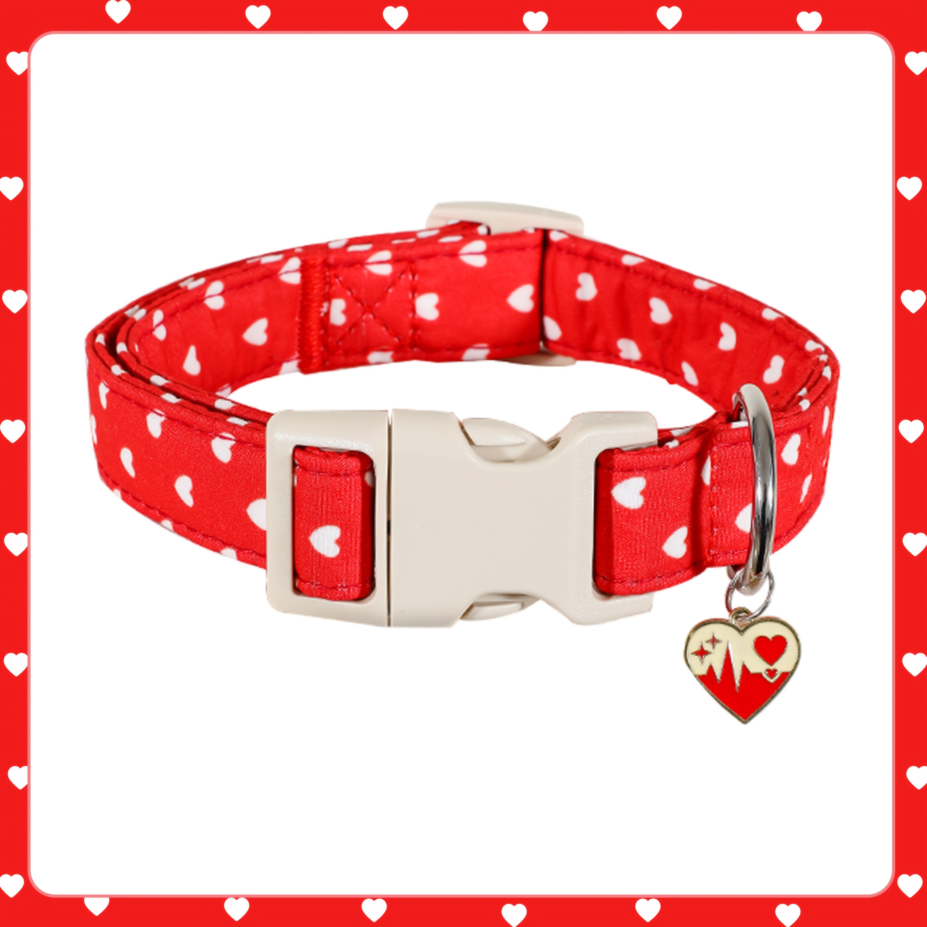 

Valentine's Day Heart Pattern Dog Collar With Pendant, Quick Release Safety For Small Pets, Cute Polyester Fiber