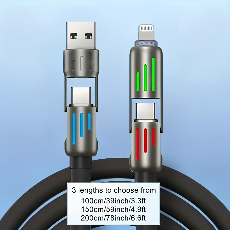 100W Max 4-in-1 USB-C Cable, PD Super Fast Charging and Data Synchronization, Silicone Material, Multi-Port Charging with Ccolor Light, Suitable for iPhone, for MacBook, for iPad, for SamSung, Xiaomi