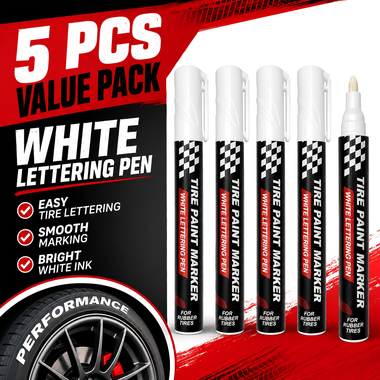 TEMU 5-pack Car Tire White Lettering Pens, Waterproof And Sun-resistant, Tire Color Change Marking Pens, Motorcycle Tire Letter Diy Pens, Permanent