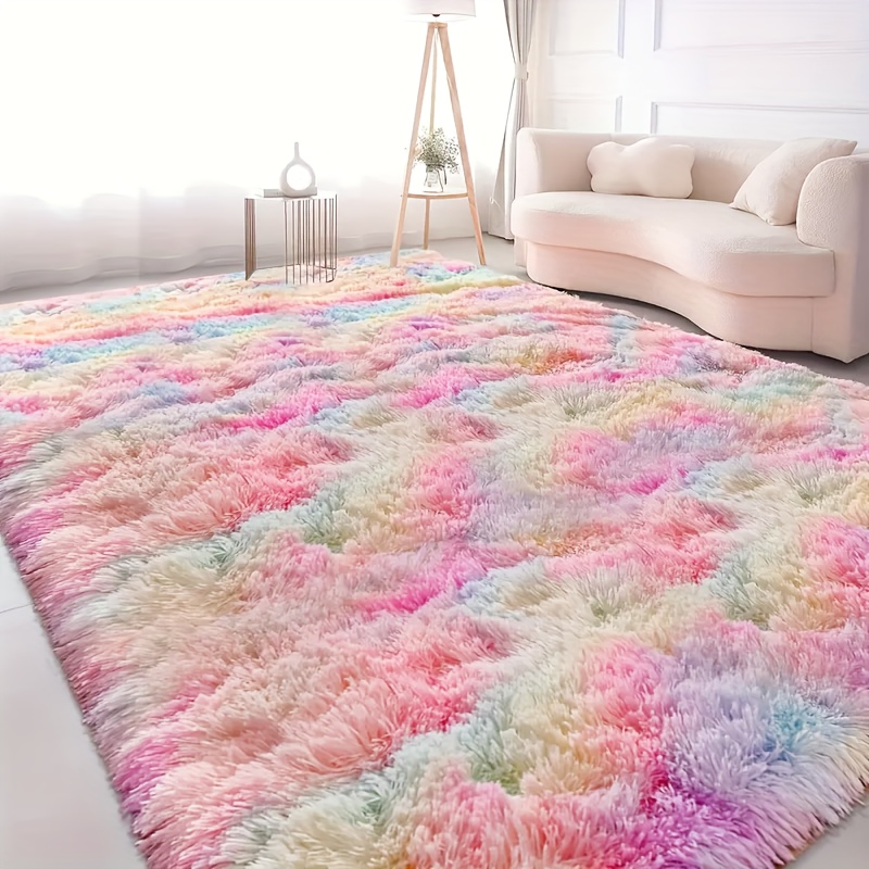 Soft Rainbow Furry Area Mat - * Shaggy Carpet for Living Room and Bedroom, Home Decor, Machine Washable Polyester, Round Shape, Bedroom Decor|Vibrant Room Accent|Machine Washable Mat, Bedroom Decor