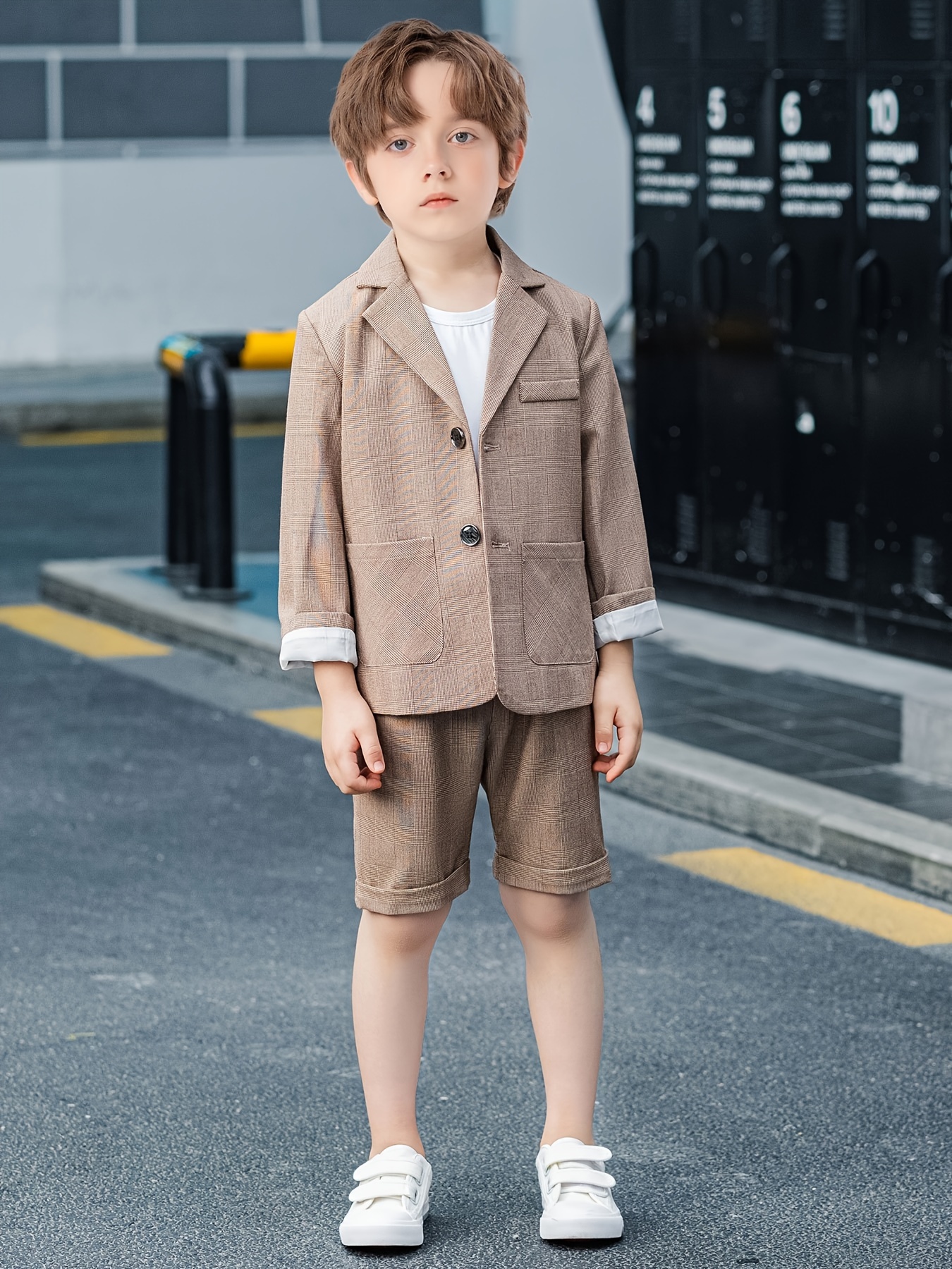 2PCS Boys Formal Gentleman Outfits Long Sleeve Blazer & Shorts Set Boys Clothing Set For Competition Performance Wedding Banquet