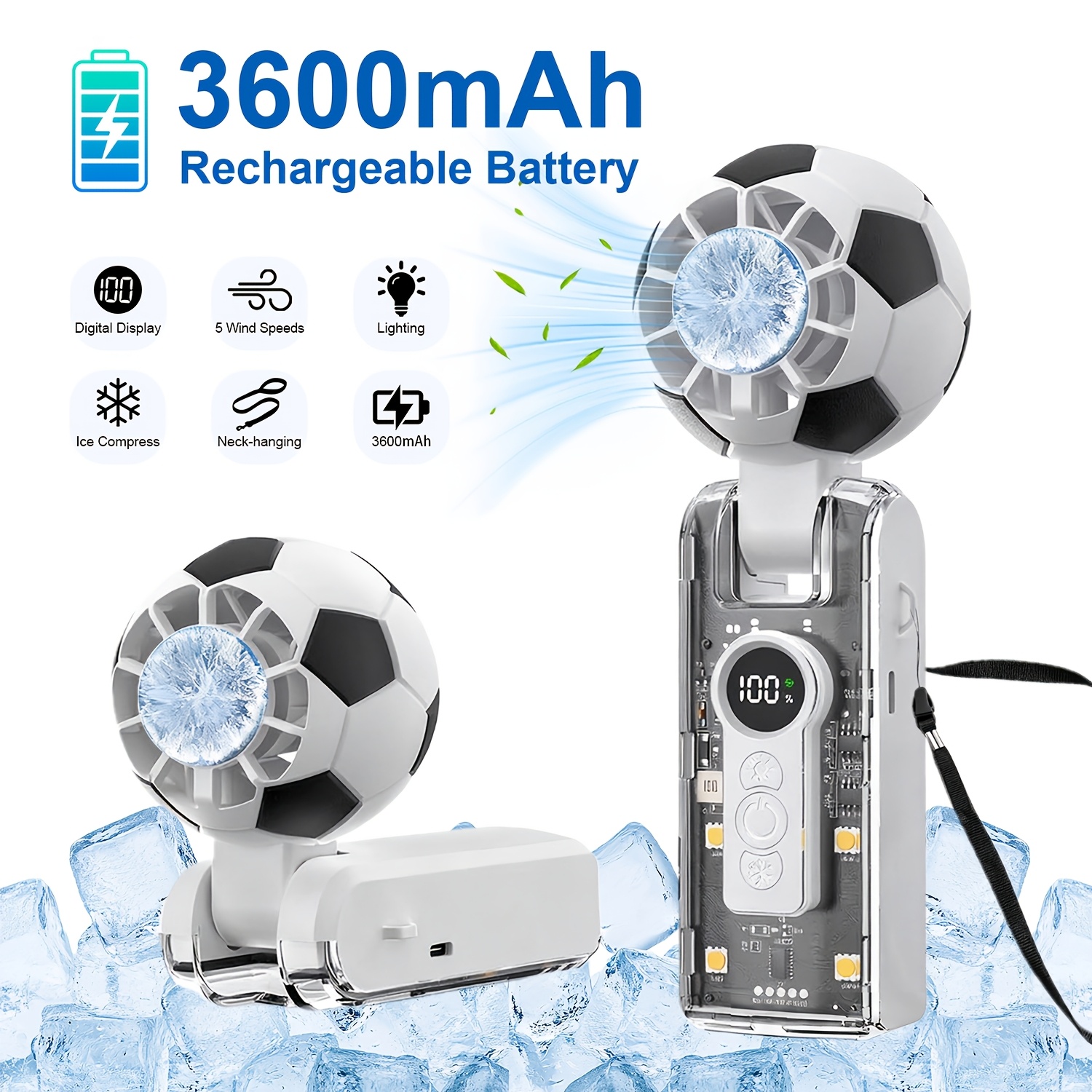 Image of 3-in-1 Hand Fan, Handheld Fan, Mini Fan, Hand Fan, Hand Fans, 6 Wind , Football Shape, With Cooling Function, 3600mah, For Home Office Outdoor Travel (white)