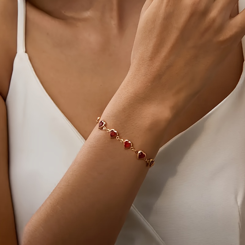 Heart Shaped Synthetic Ruby Bracelet for Women, Copper Alloy
